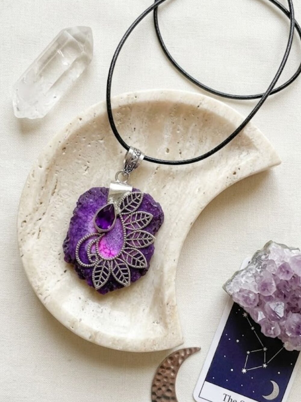 Artisan 925 Sterling Silver Raw Agate Amethyst Leaf Filigree Pendant 2.45" - Picture 14 of 16